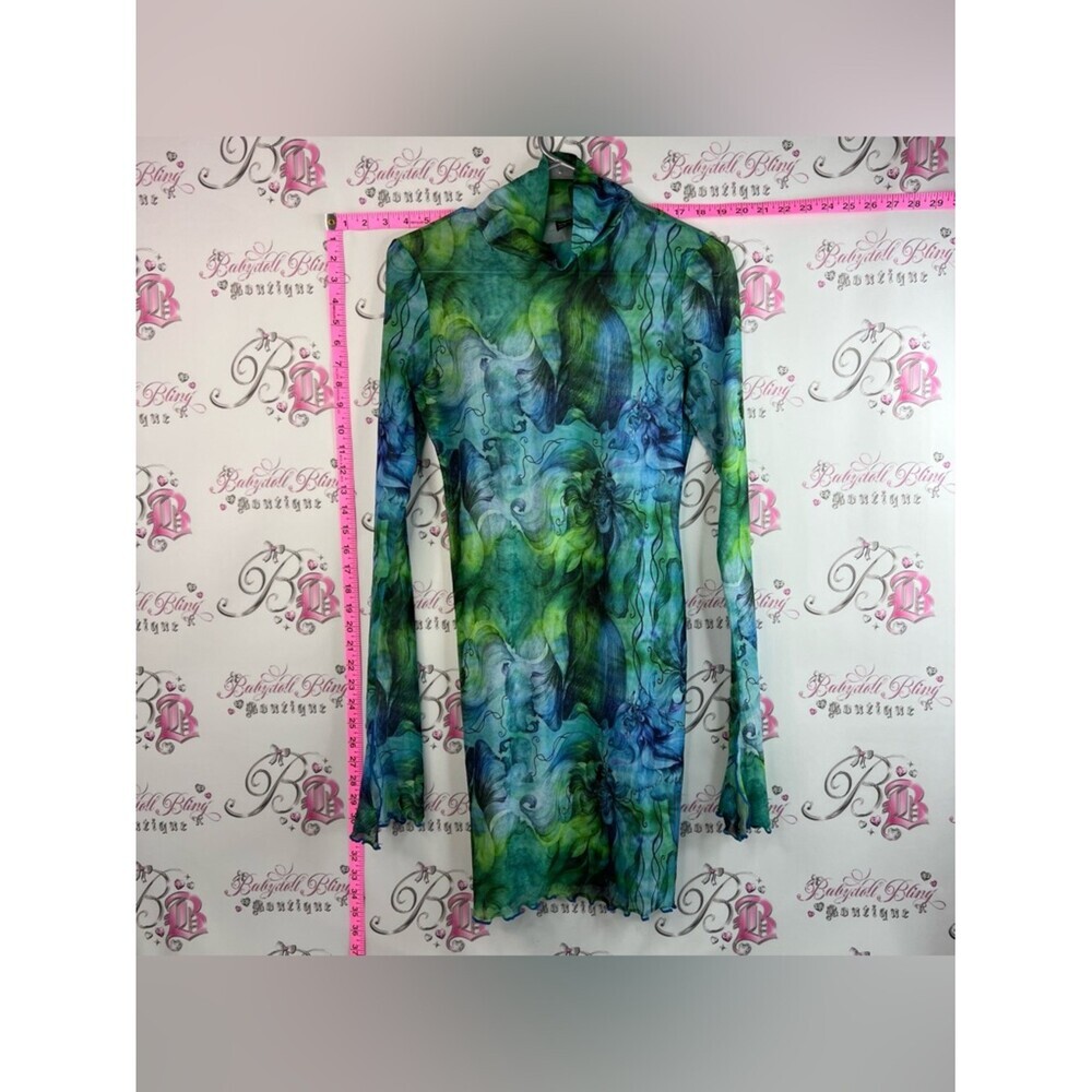 SHEIN dress mesh turtleneck stretchy abstract water Green Blue Mesh Midi Dress